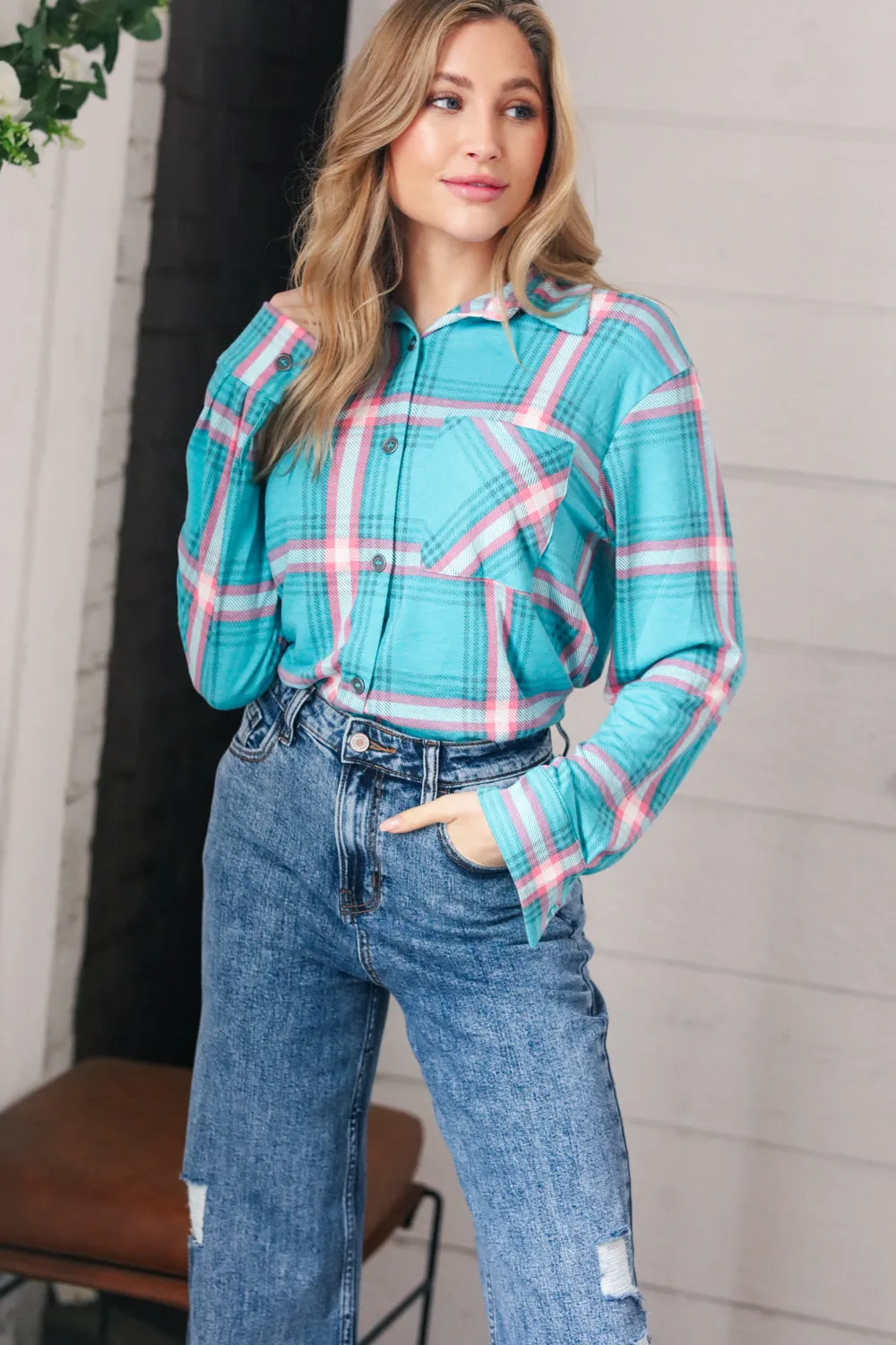 Teal & Pink Plaid Front Pocket Shirt Shacket