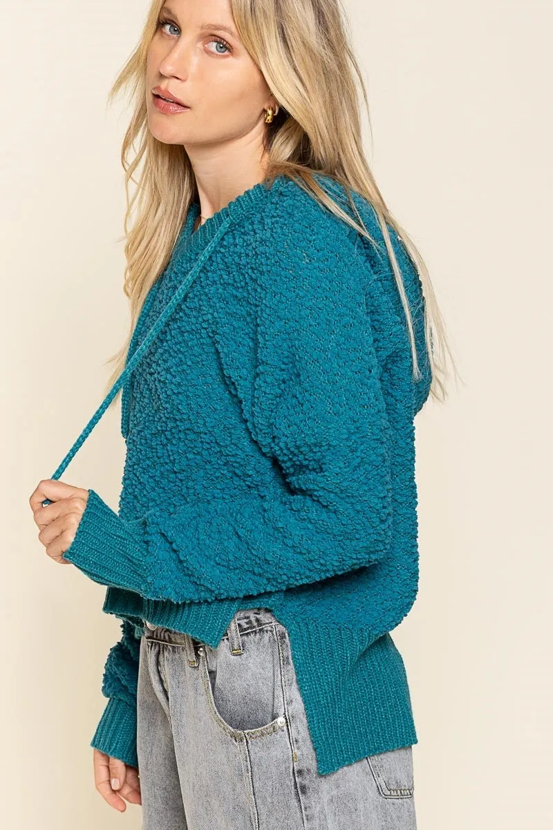 Texured Knit Hoodie, Teal