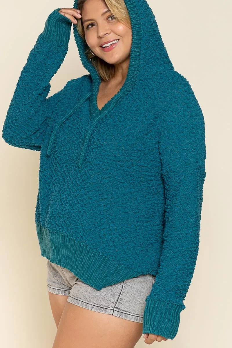 Texured Knit Hoodie, Teal