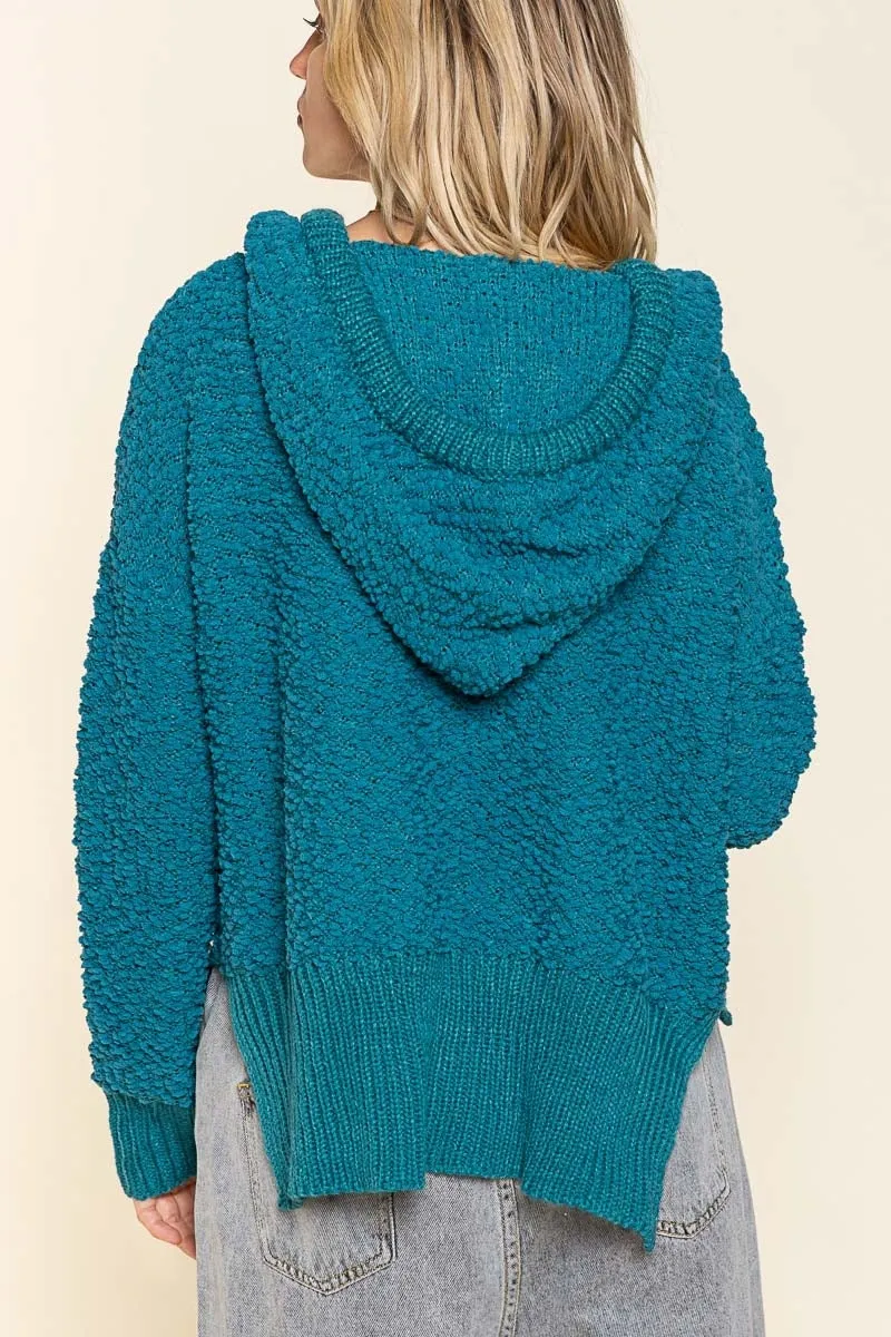 Texured Knit Hoodie, Teal