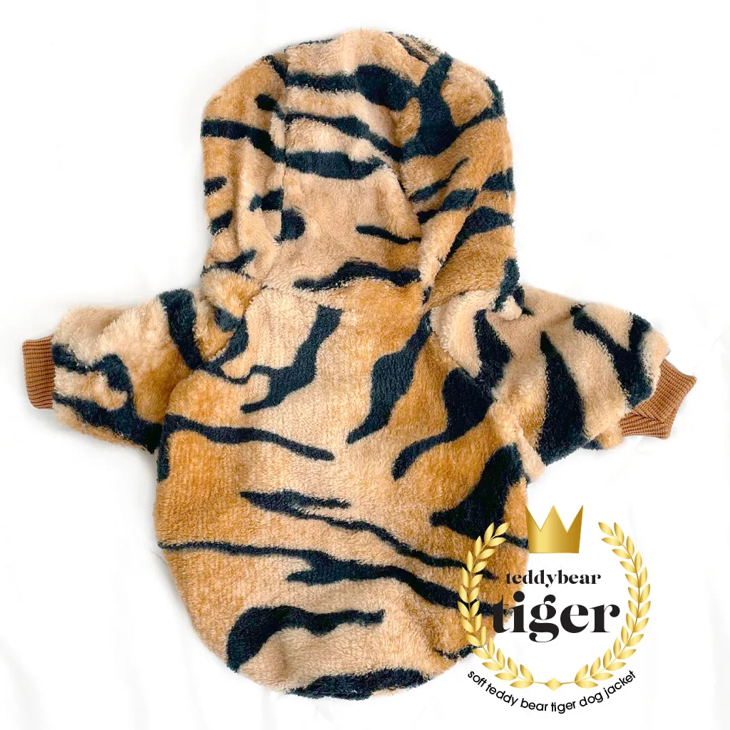 Tiger Print Warm Dog Jacket Dog Hoodie Button Up Dog Coat