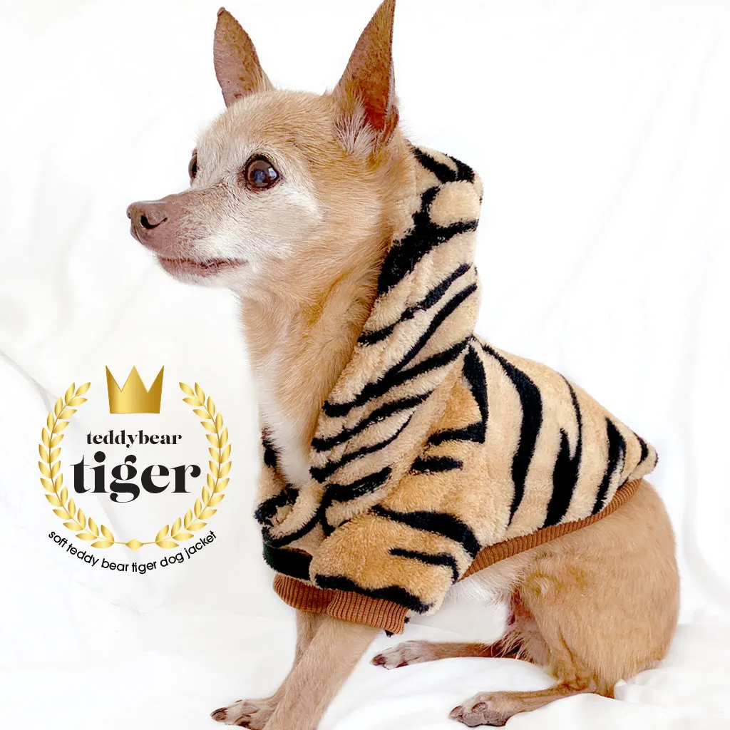 Tiger Print Warm Dog Jacket Dog Hoodie Button Up Dog Coat