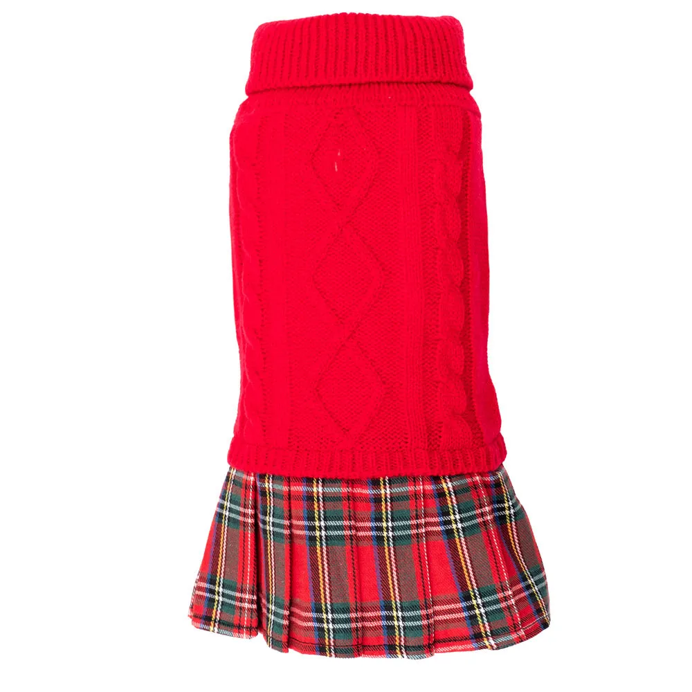 Turtleneck Dog Dress - Red with Tartan Plaid Skirt | Dog Sweater