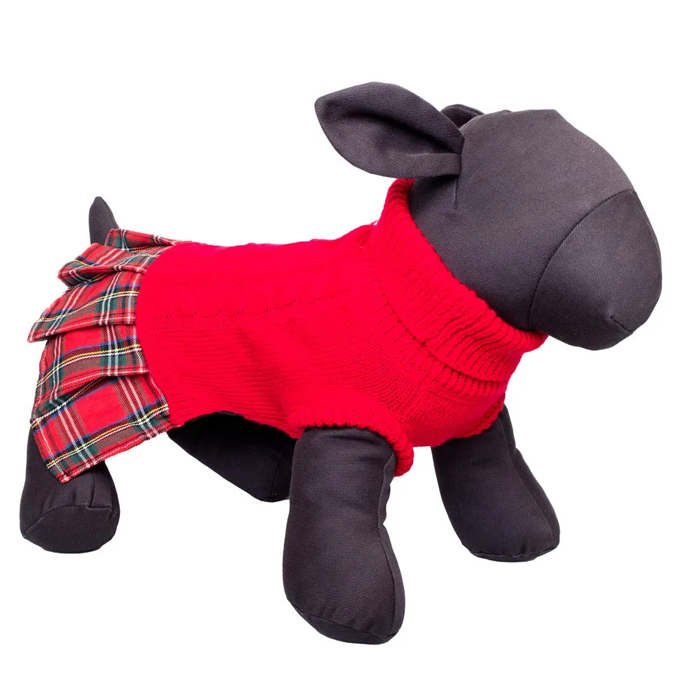 Turtleneck Dog Dress - Red with Tartan Plaid Skirt | Dog Sweater