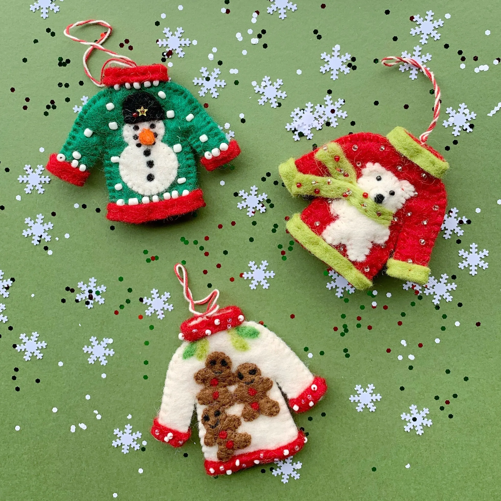 Ugly Christmas Sweater Ornament Trio, Felt Wool