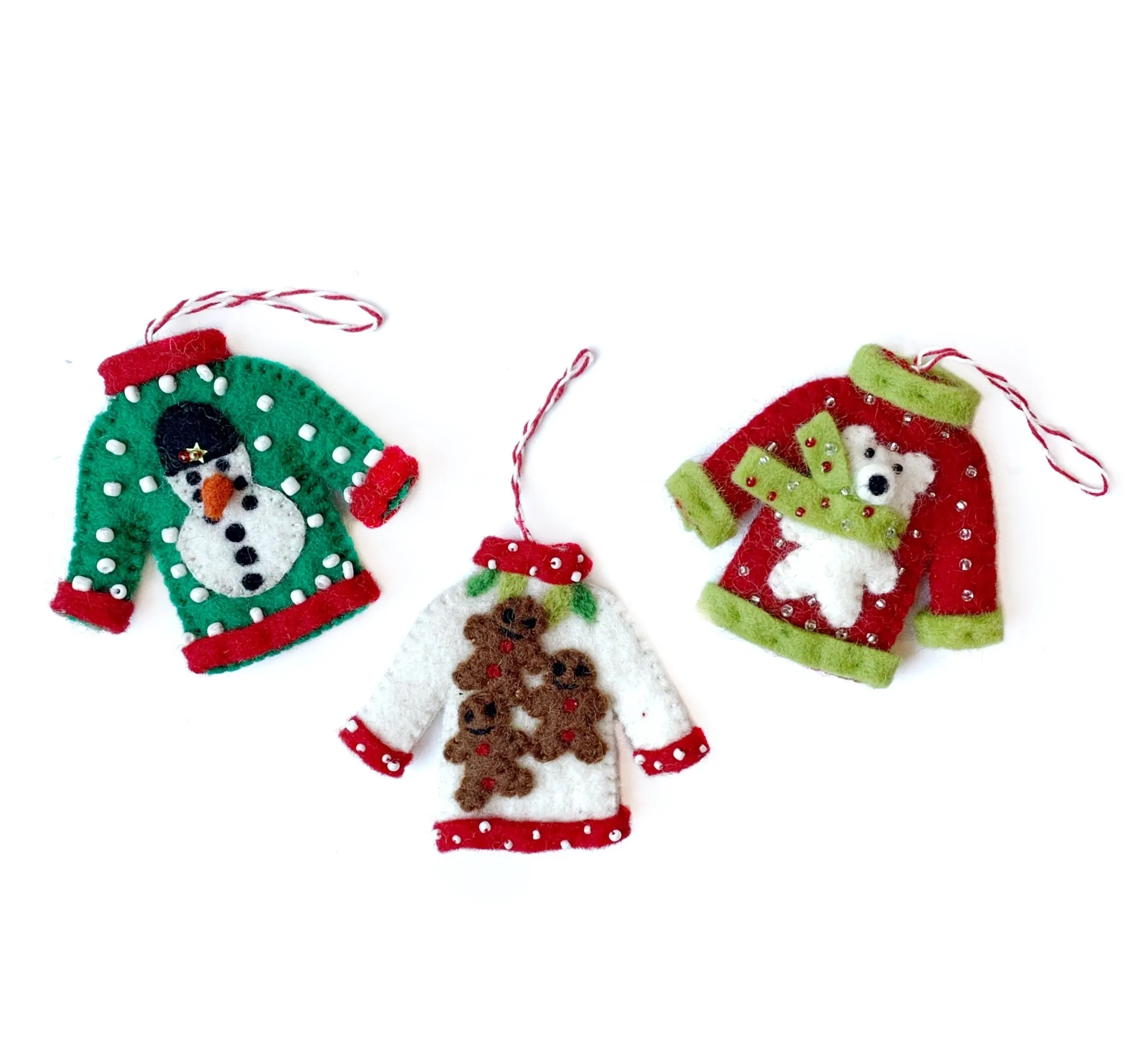 Ugly Christmas Sweater Ornament Trio, Felt Wool