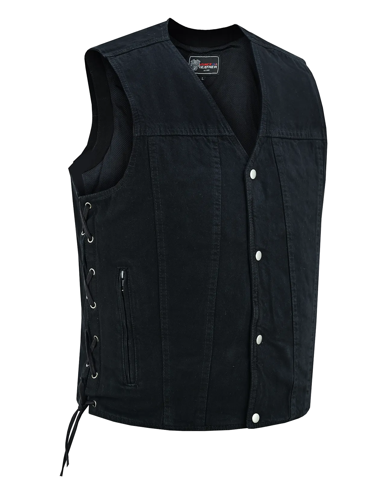 VB939BK Men's Black V-Neck Denim Vest for Motorcycle Riders