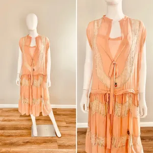 Vintage 1920s Silk and Lace Dress / 20s Flapper Dress / Size S