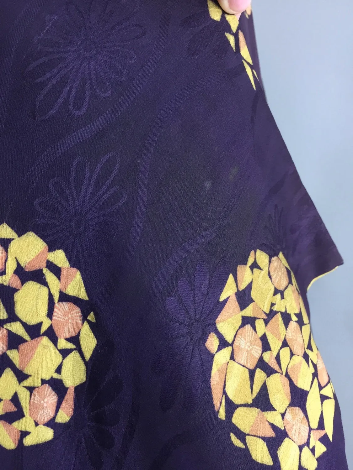 Vintage 1940s Silk Michiyuki /  Dark Purple & Yellow