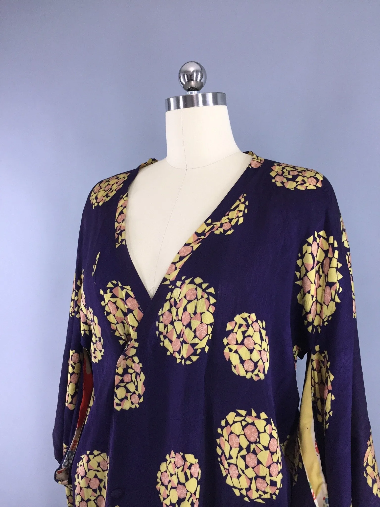 Vintage 1940s Silk Michiyuki /  Dark Purple & Yellow