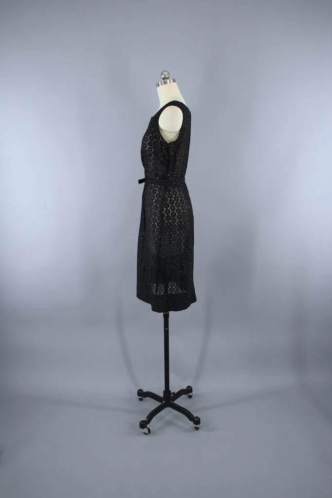 Vintage 1950s Black Cotton Eyelet Day Dress & Jacket Set