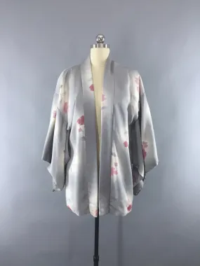 Vintage 1950s Silk Haori Kimono Cardigan Jacket / Grey Pink Shibori Floral