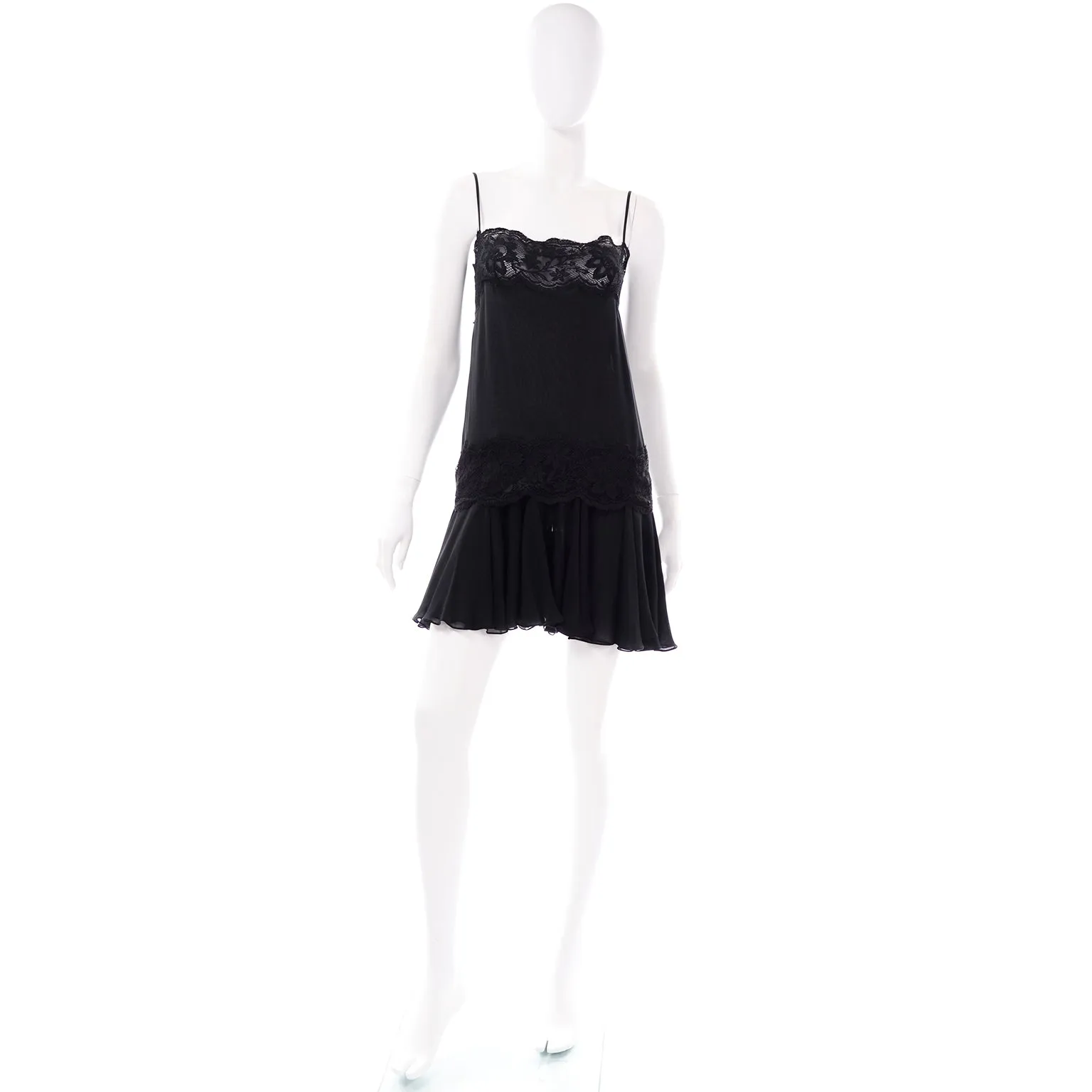 Vintage Valentino Night Black Silk & Lace Evening Slip Dress