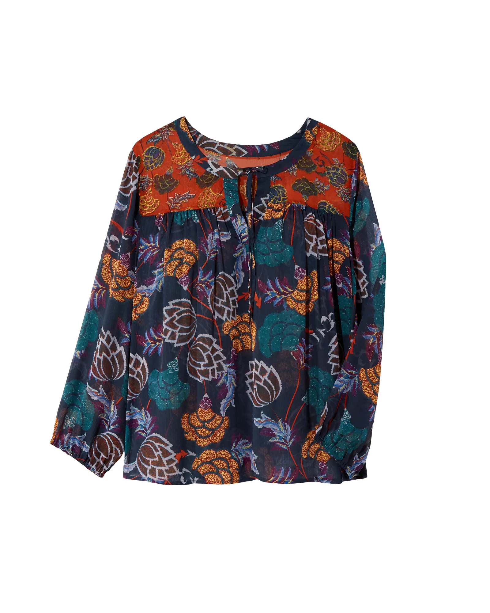 Waverly 3/4 Sleeve Mixed Print Split Neck Bloue | Navy / Orange