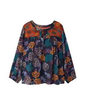 Waverly 3/4 Sleeve Mixed Print Split Neck Bloue | Navy / Orange