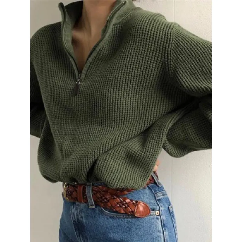 Wenkouban Autumn and Winter Women's Clothing Popular Zipper Stand Collar Long Sleeve Loose Sweater for Women