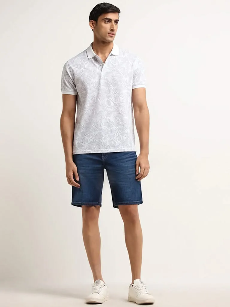 WES Casuals Dark Blue Relaxed Fit Cotton Blend Mid Rise Shorts