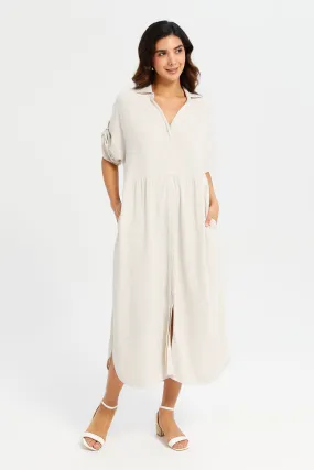 Women Beige Shirt Maxi Dress