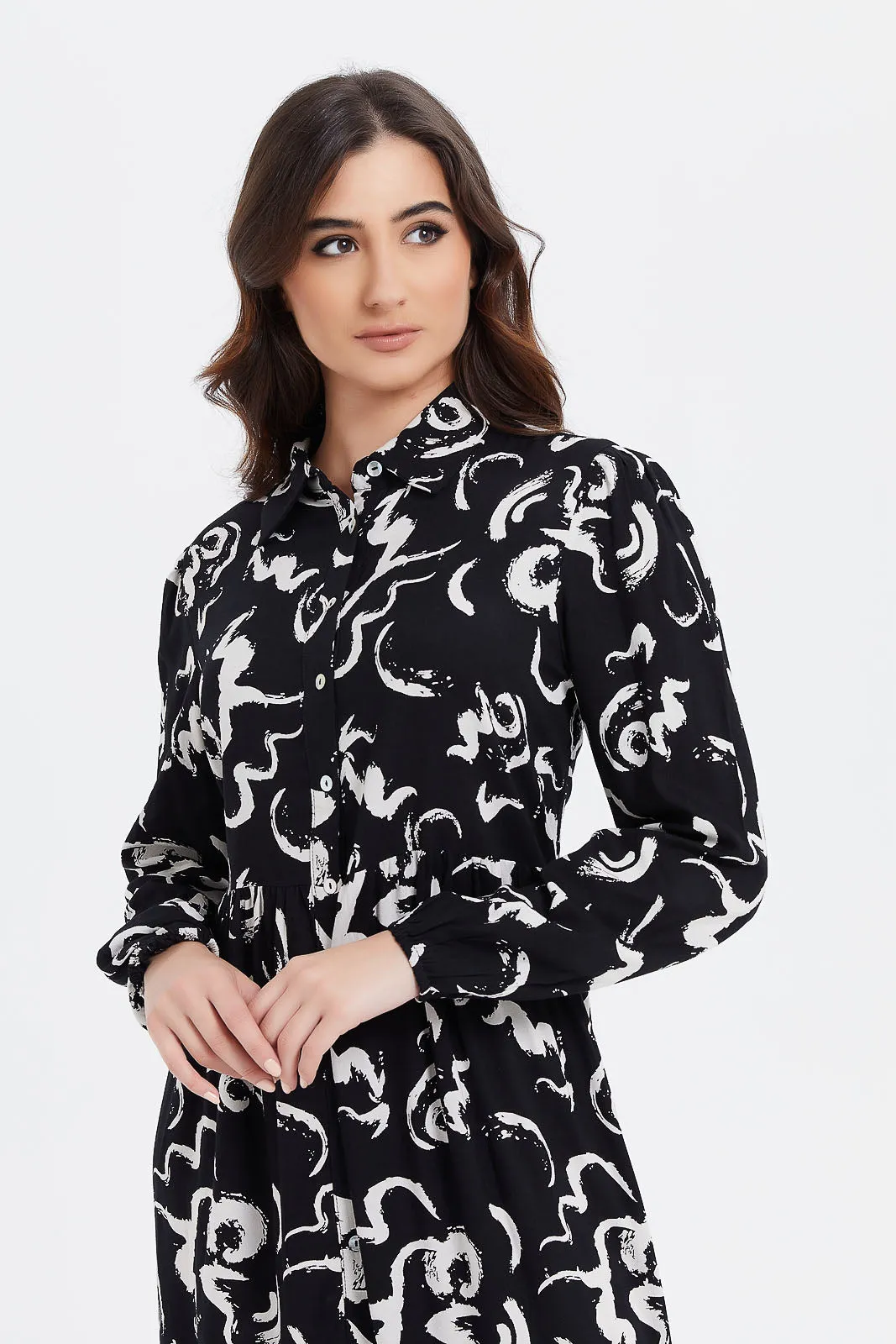 Women Black And White Printed Collar Shirt Dress