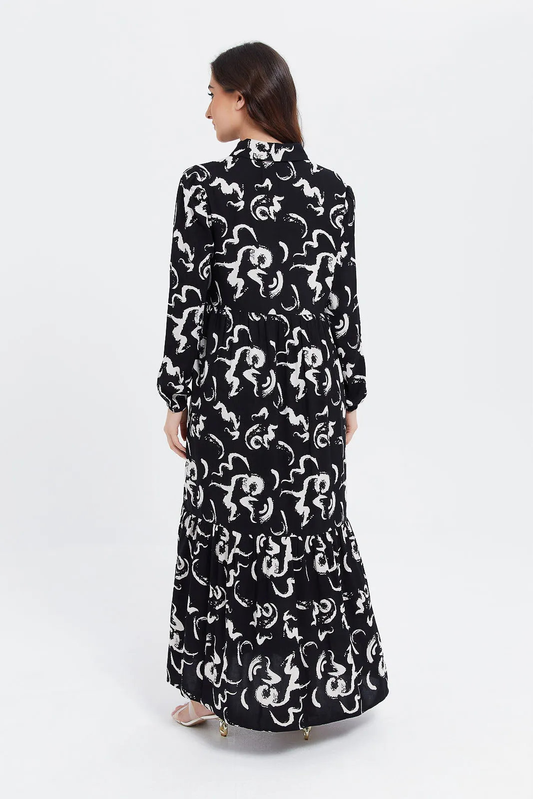 Women Black And White Printed Collar Shirt Dress