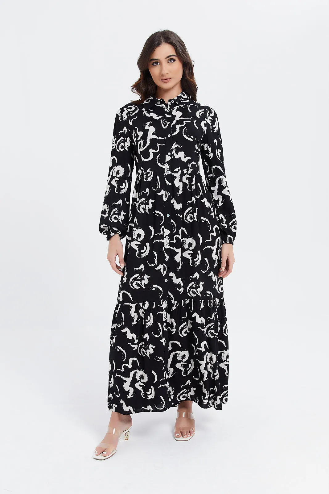 Women Black And White Printed Collar Shirt Dress