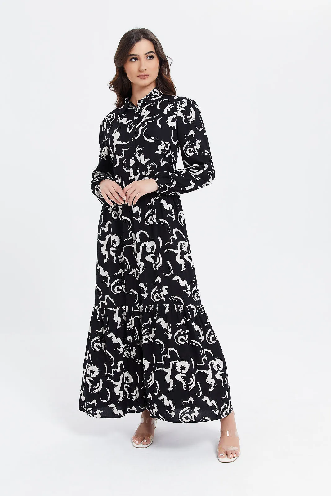 Women Black And White Printed Collar Shirt Dress