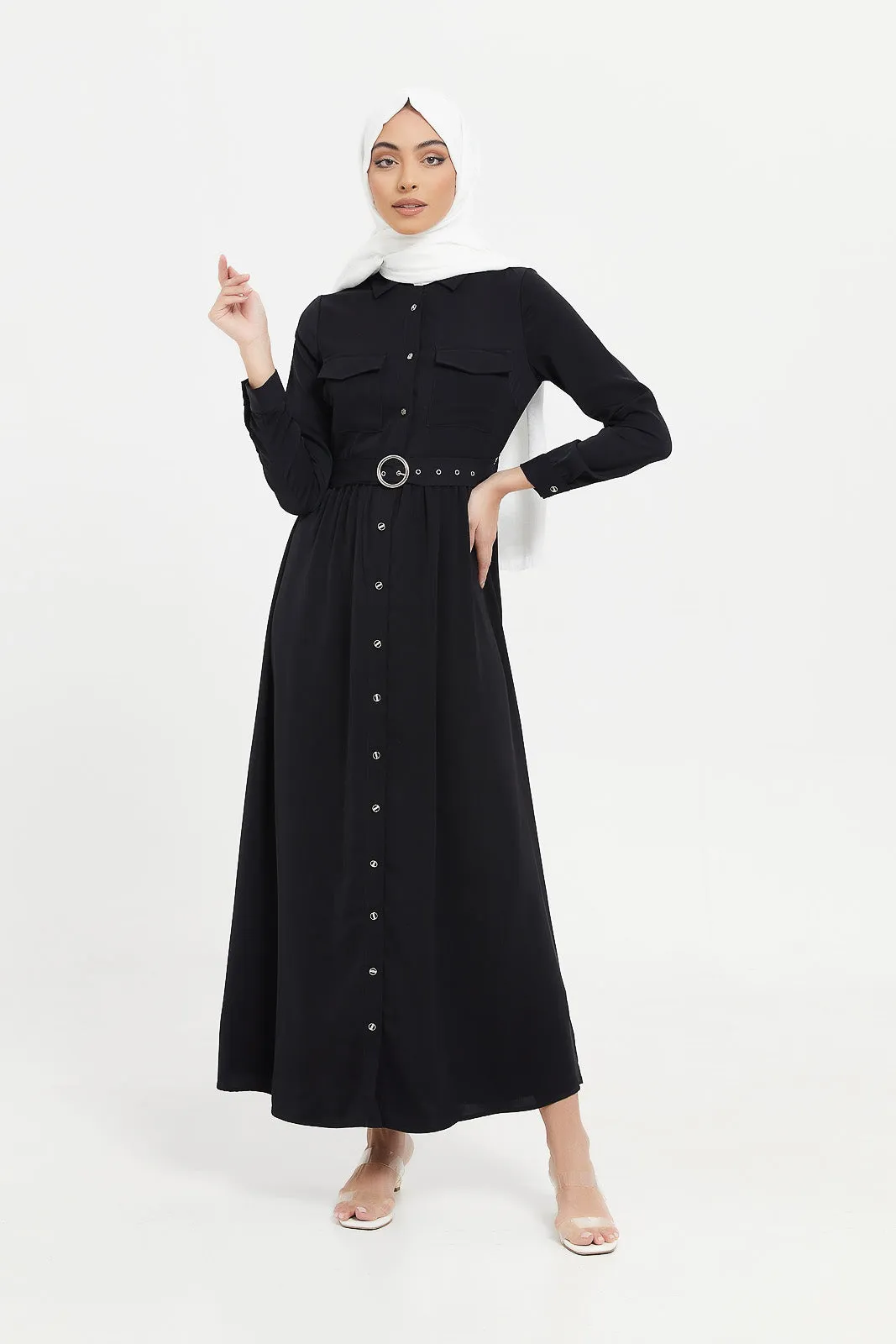 Women Black Belted Shirt Dress