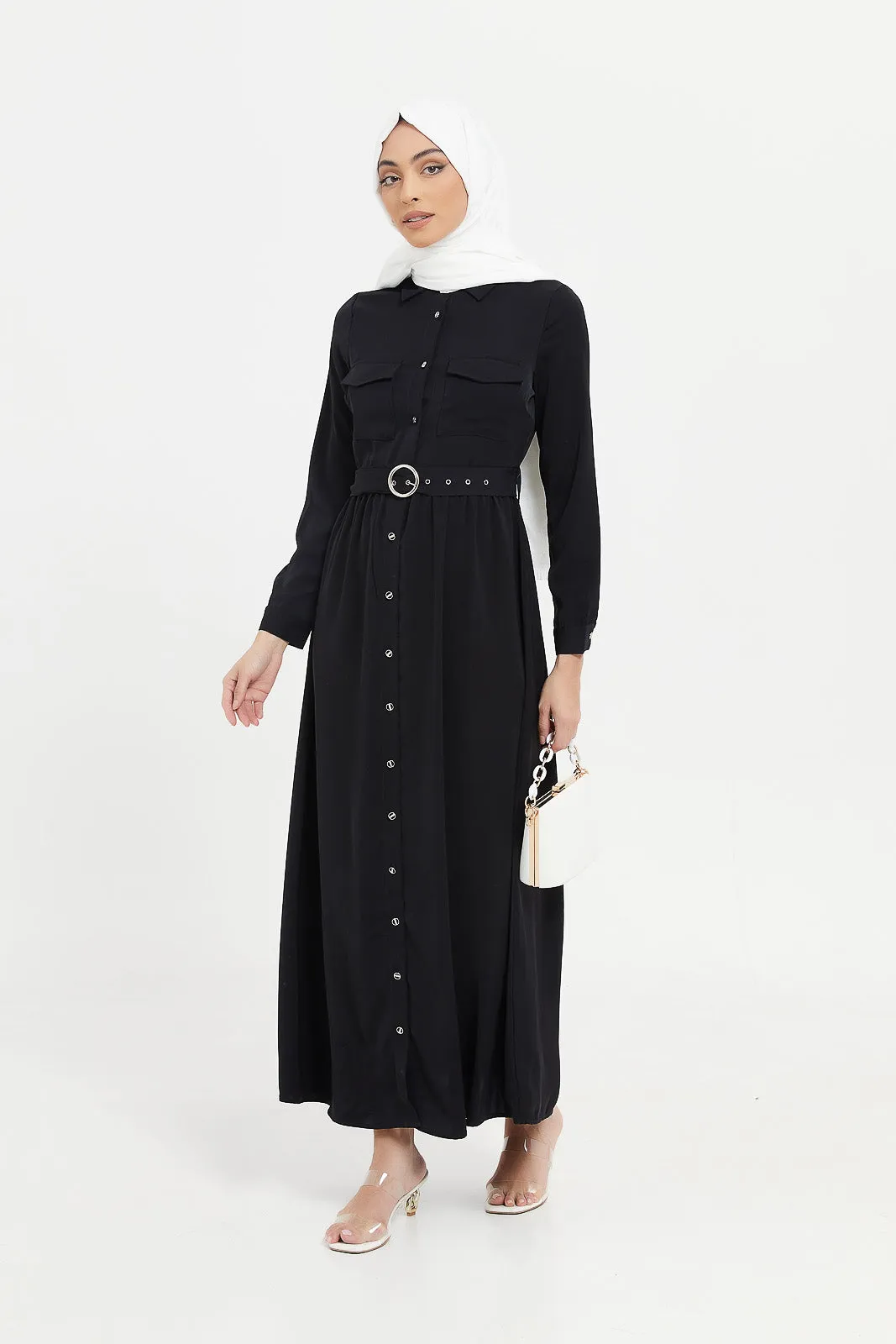 Women Black Belted Shirt Dress