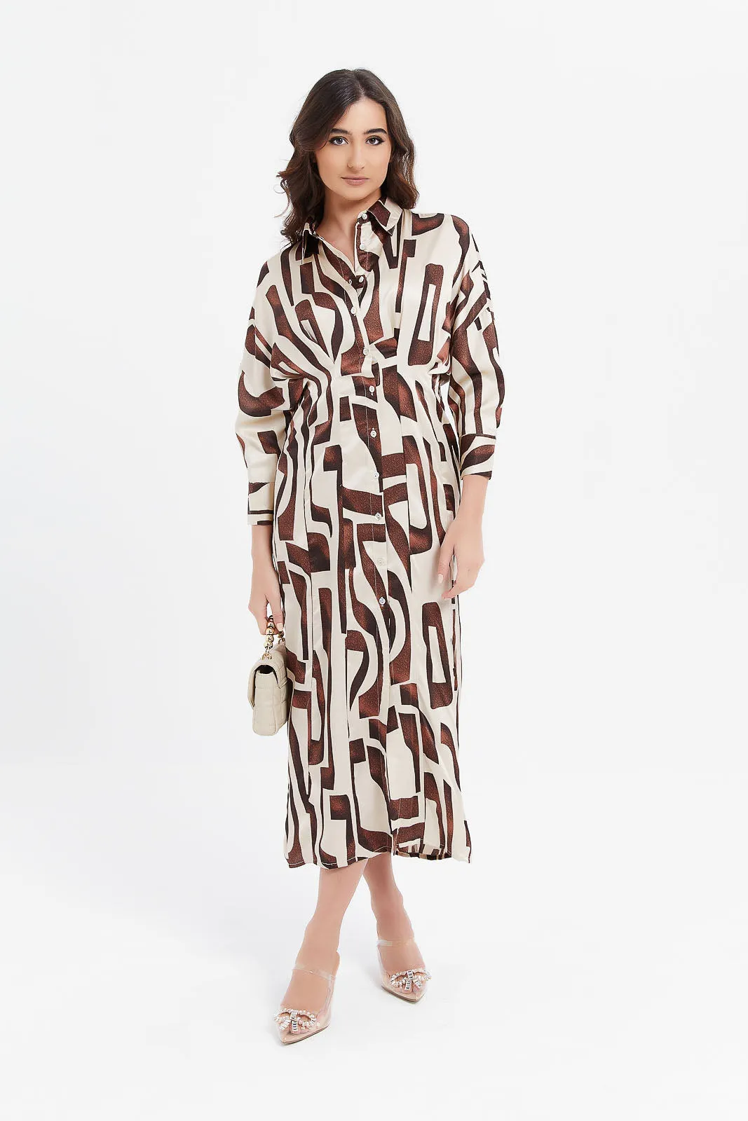 Women Cream And Brown Printed Collared Shirt Dress