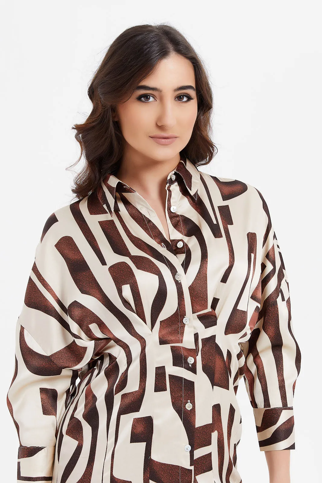 Women Cream And Brown Printed Collared Shirt Dress