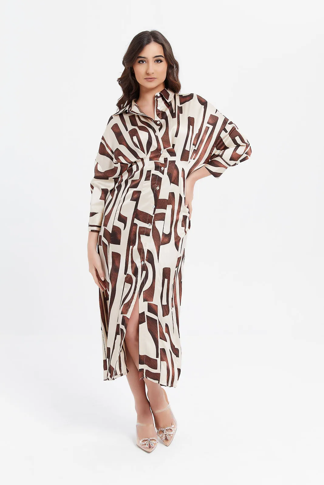 Women Cream And Brown Printed Collared Shirt Dress