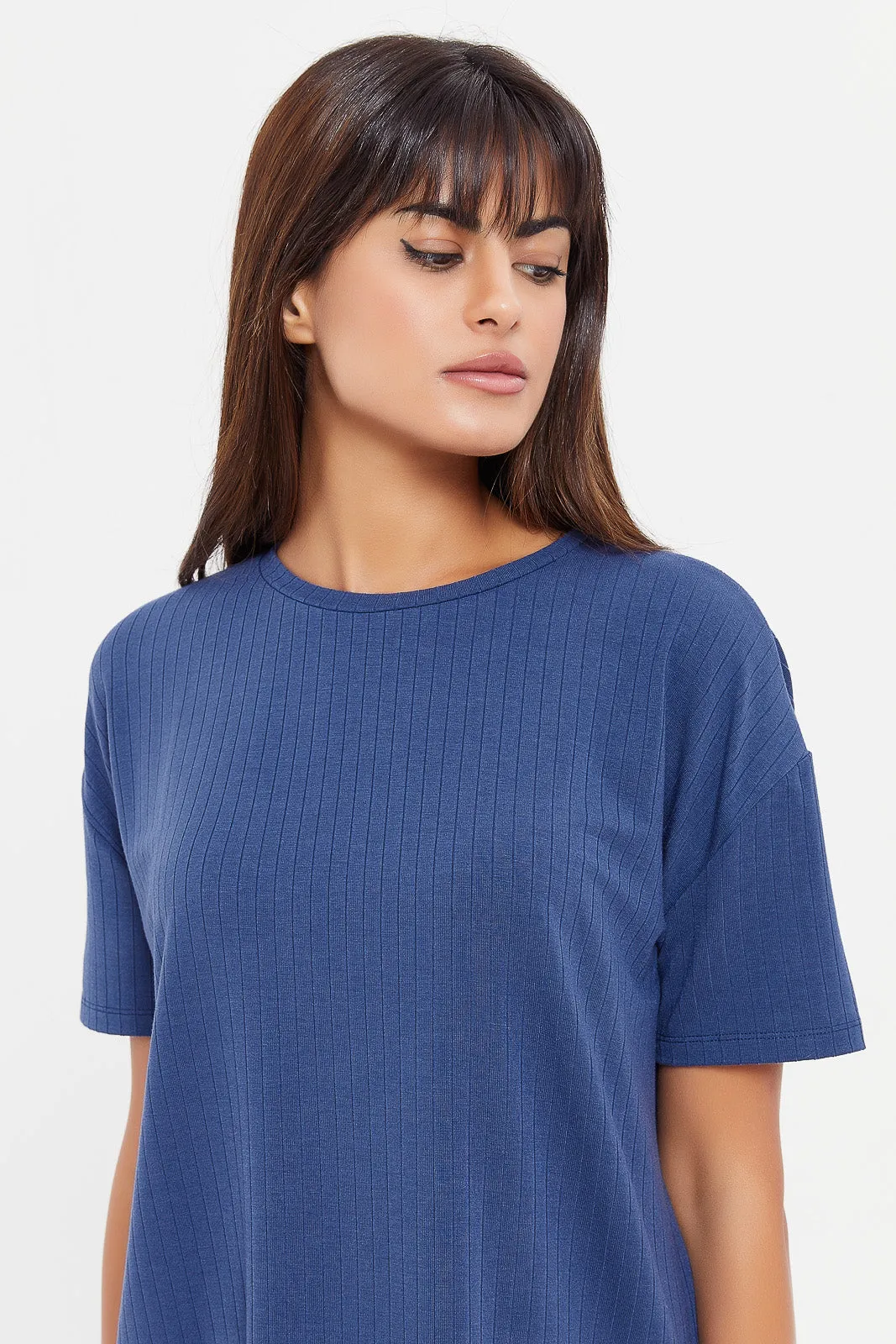 Women Navy Mélange Short Sleeved Boxy T-Shirt