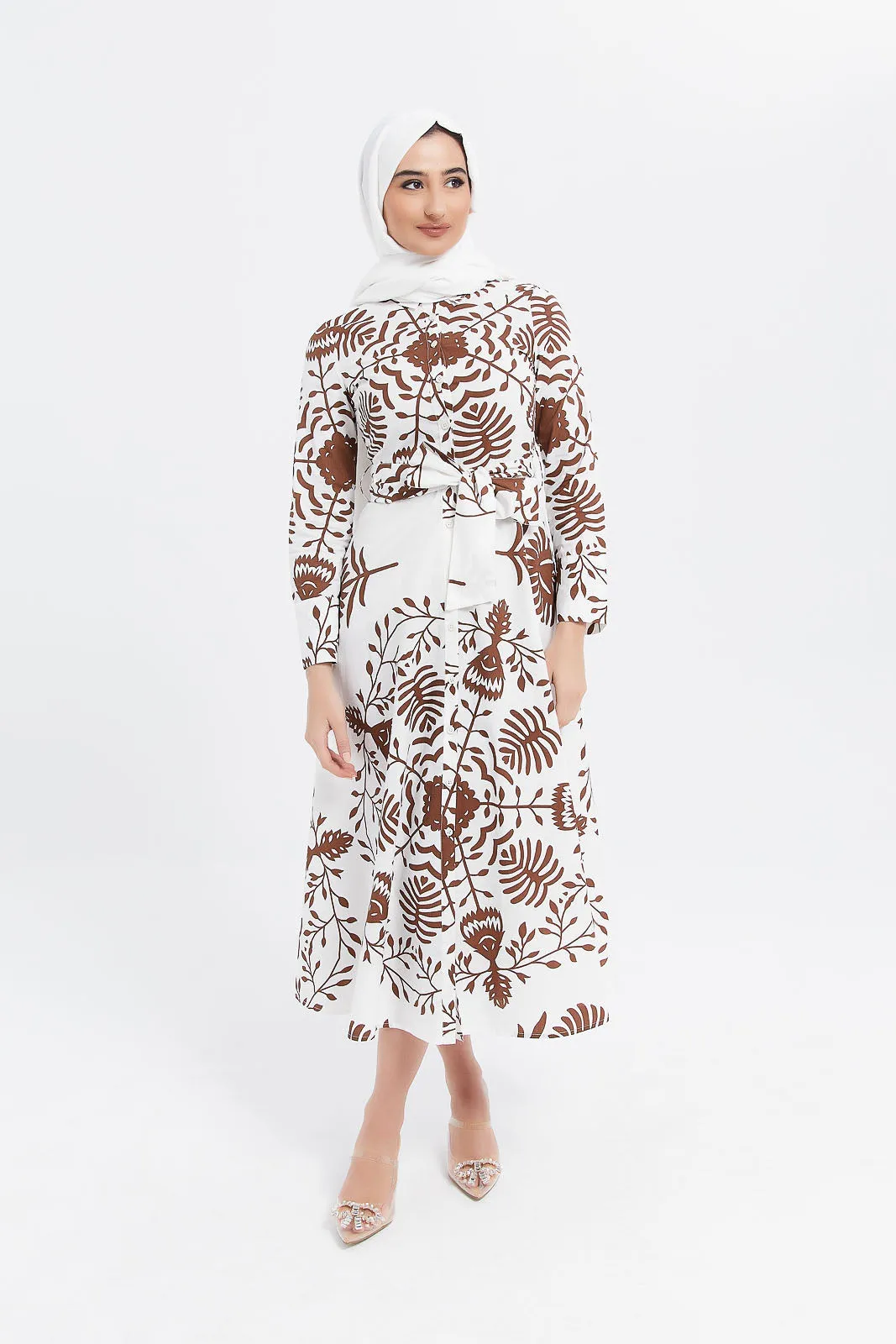 Women White And Brown Printed Shirt Dress