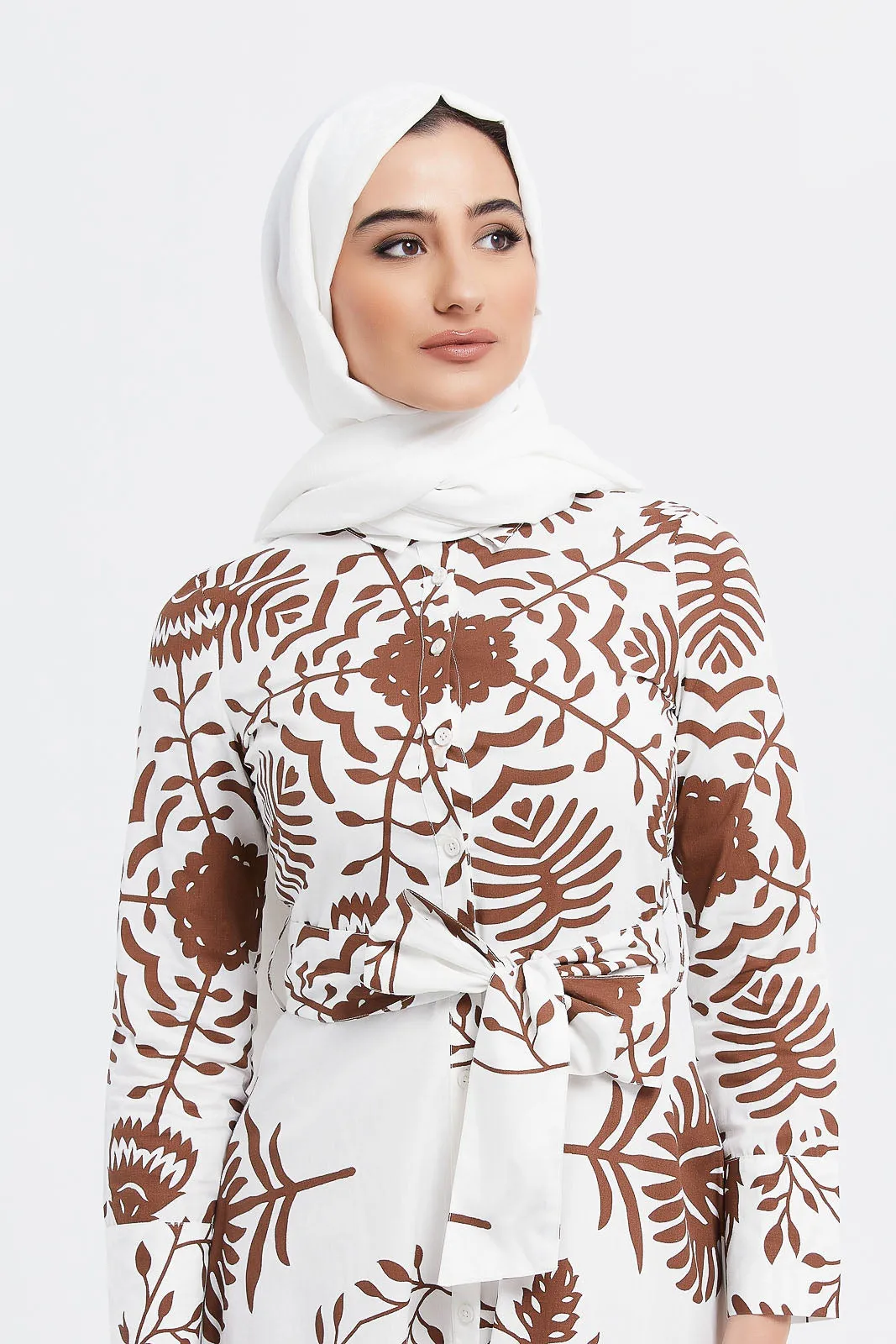 Women White And Brown Printed Shirt Dress