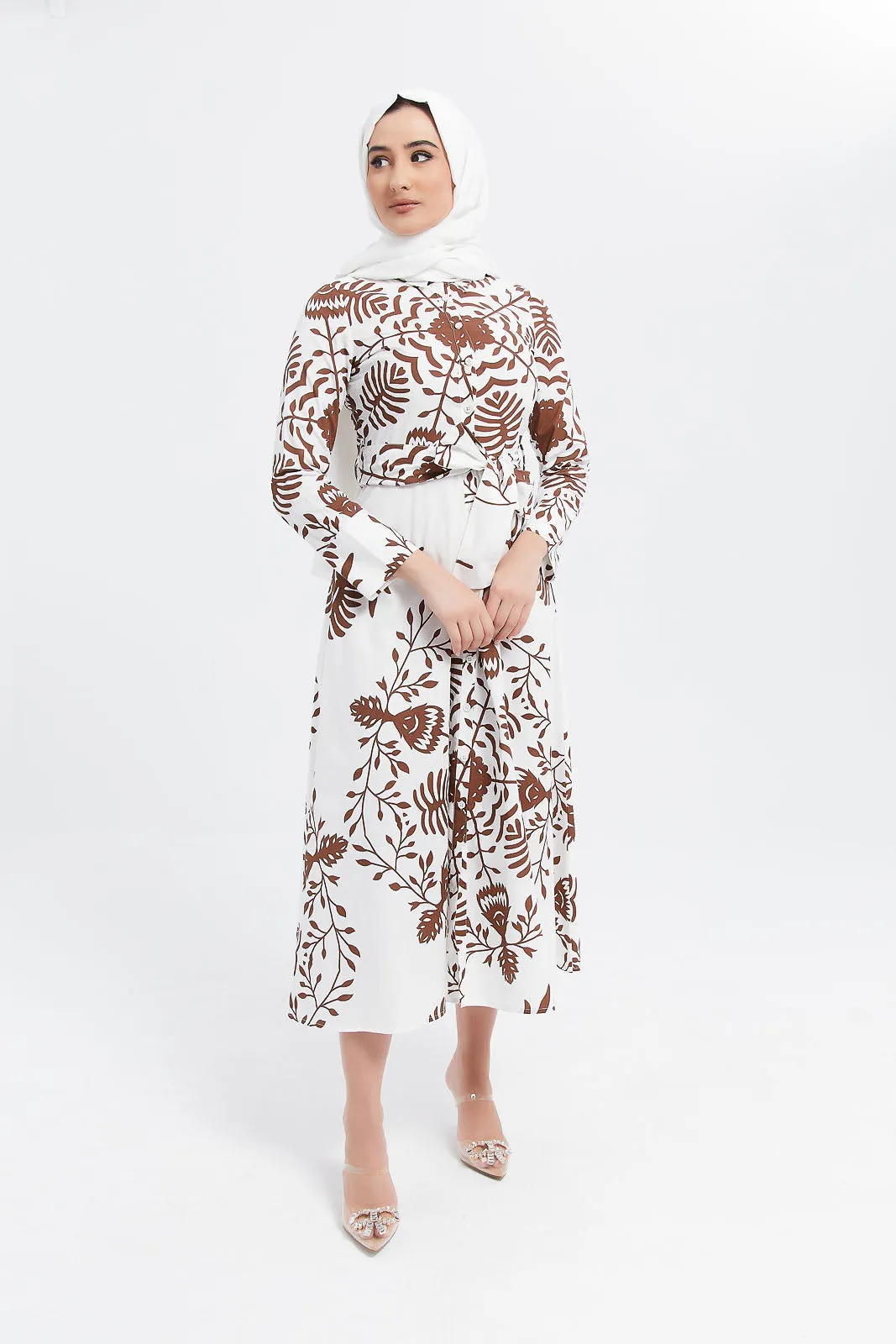 Women White And Brown Printed Shirt Dress