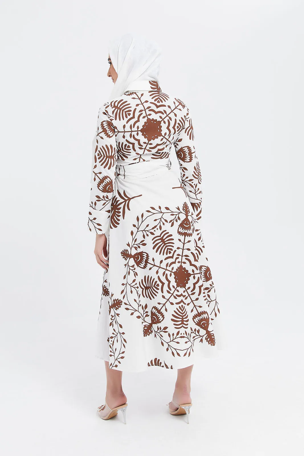 Women White And Brown Printed Shirt Dress