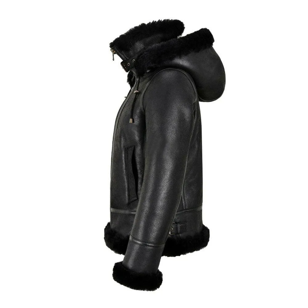 Womens B3 Bomber Hooded Classic Black Shearling Jacket