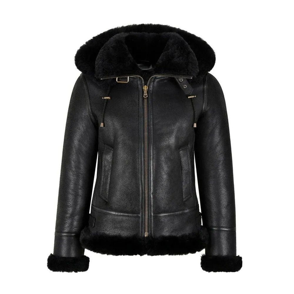 Womens B3 Bomber Hooded Classic Black Shearling Jacket