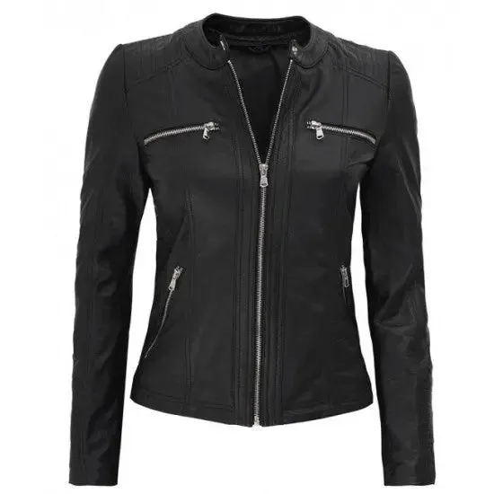 Women's Black Genuine Leather Hoodie Jacket