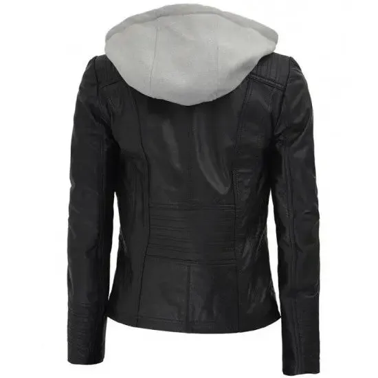 Women's Black Genuine Leather Hoodie Jacket