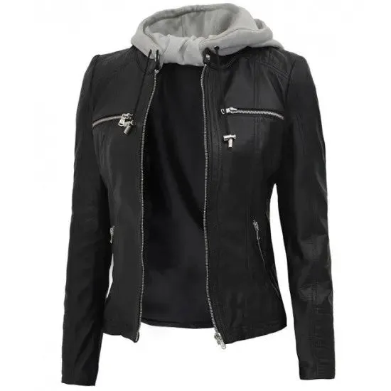 Women's Black Genuine Leather Hoodie Jacket