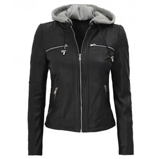 Women's Black Genuine Leather Hoodie Jacket