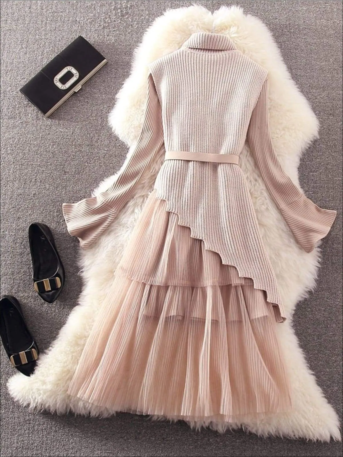 Women's Elegant Pleated Mesh Belted Sweater Dress