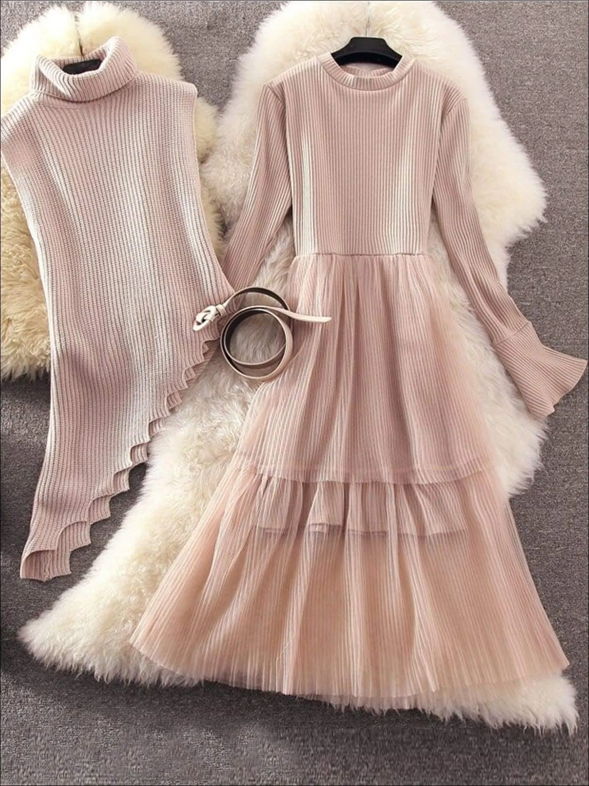 Women's Elegant Pleated Mesh Belted Sweater Dress