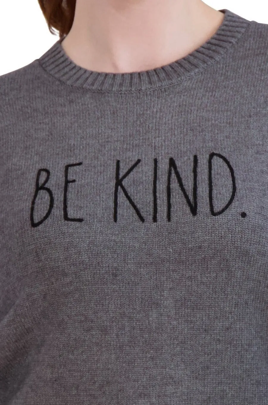 Women's Embroidered "BE KIND" Knit Gray Sweater