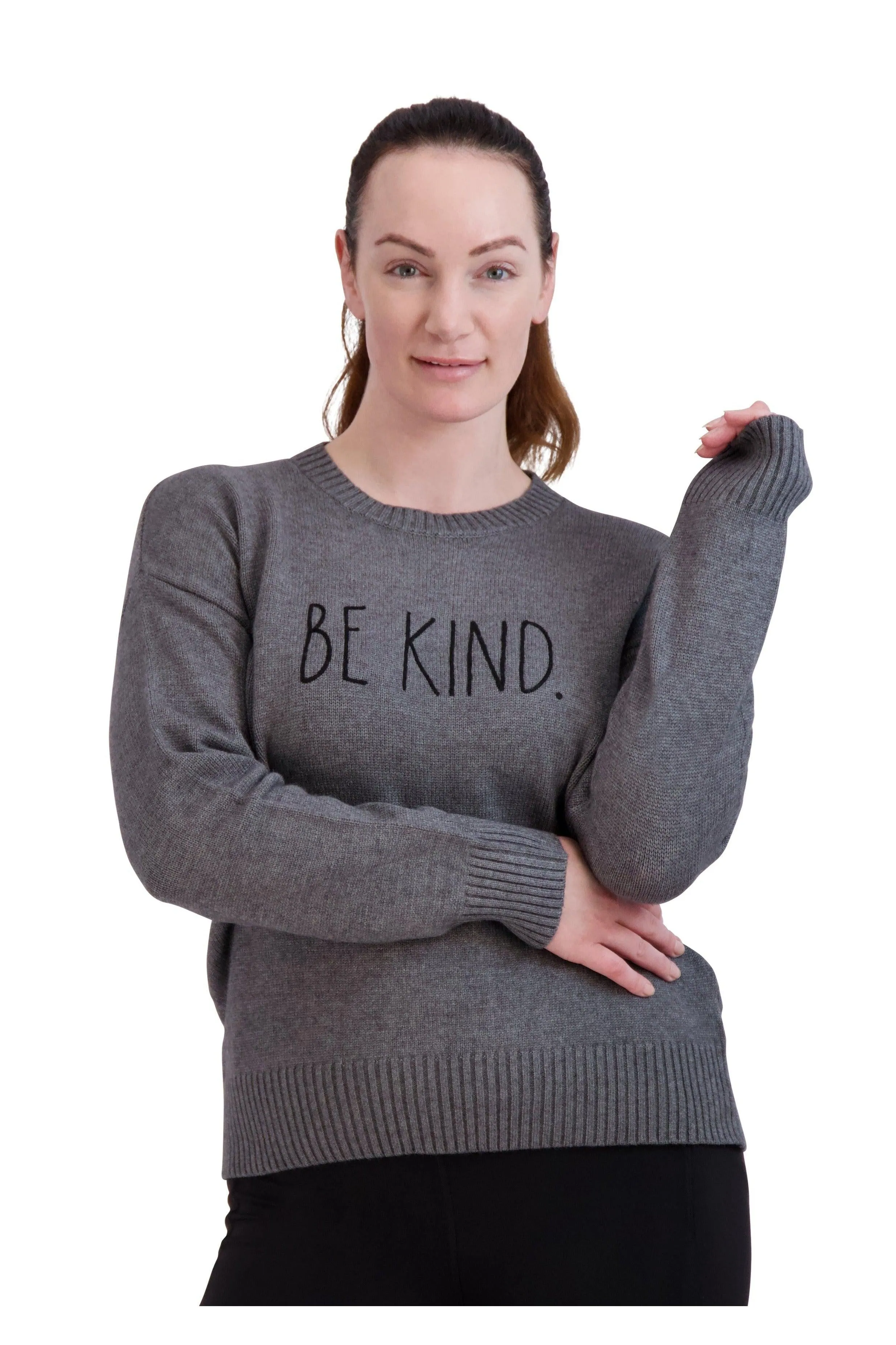 Women's Embroidered "BE KIND" Knit Gray Sweater