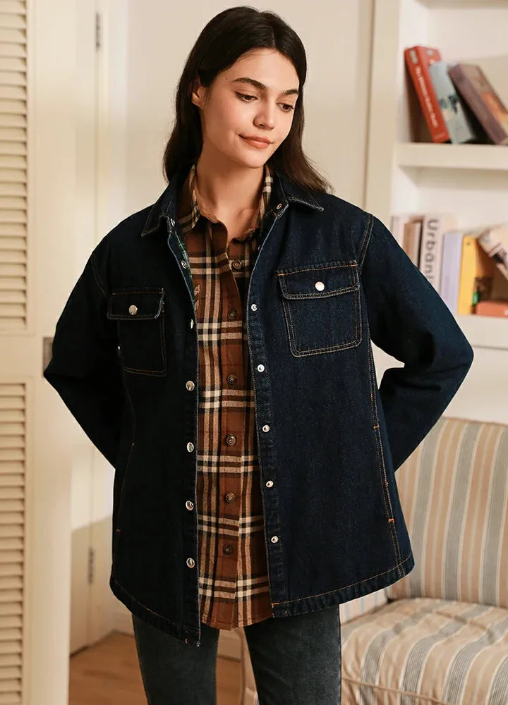 Women's Flannel-Lined Denim Shirt Jacket,Snap Jean Shacket