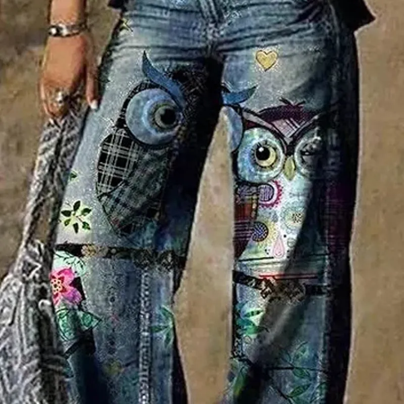 Women's Printed Wide Leg Denim Pants