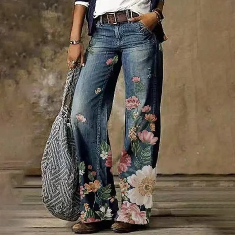 Women's Printed Wide Leg Denim Pants