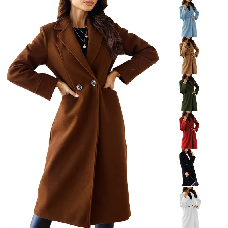 Women's Simple Double Breasted Long Sleeve Turn-down Collar Coat